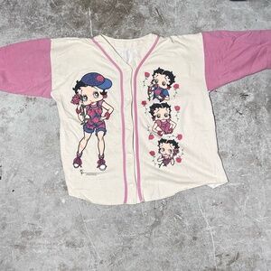 Vintage 1995 Betty Boop Graphic White Pink Baseball Jersey Button-Up Shirt Sz XL
